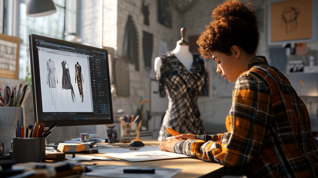 Una giovane studentessa di fashion design, con una camicia a quadri, è concentrata mentre disegna schizzi di moda su un taccuino. Davanti a lei, un monitor mostra illustrazioni digitali di abiti. Il suo studio è ben illuminato, con strumenti di disegno, matite e fogli sparsi sulla scrivania. Sullo sfondo, un manichino indossa un abito in lavorazione, mentre le pareti sono decorate con bozzetti e campioni di tessuto. L'ambiente trasmette creatività e dedizione al design della moda.